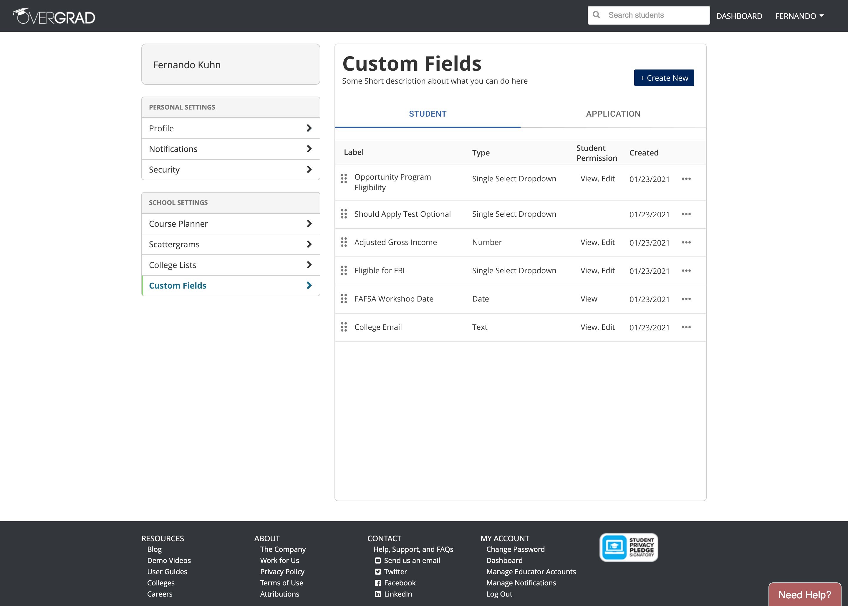 The Custom Fields library in Overgrad settings