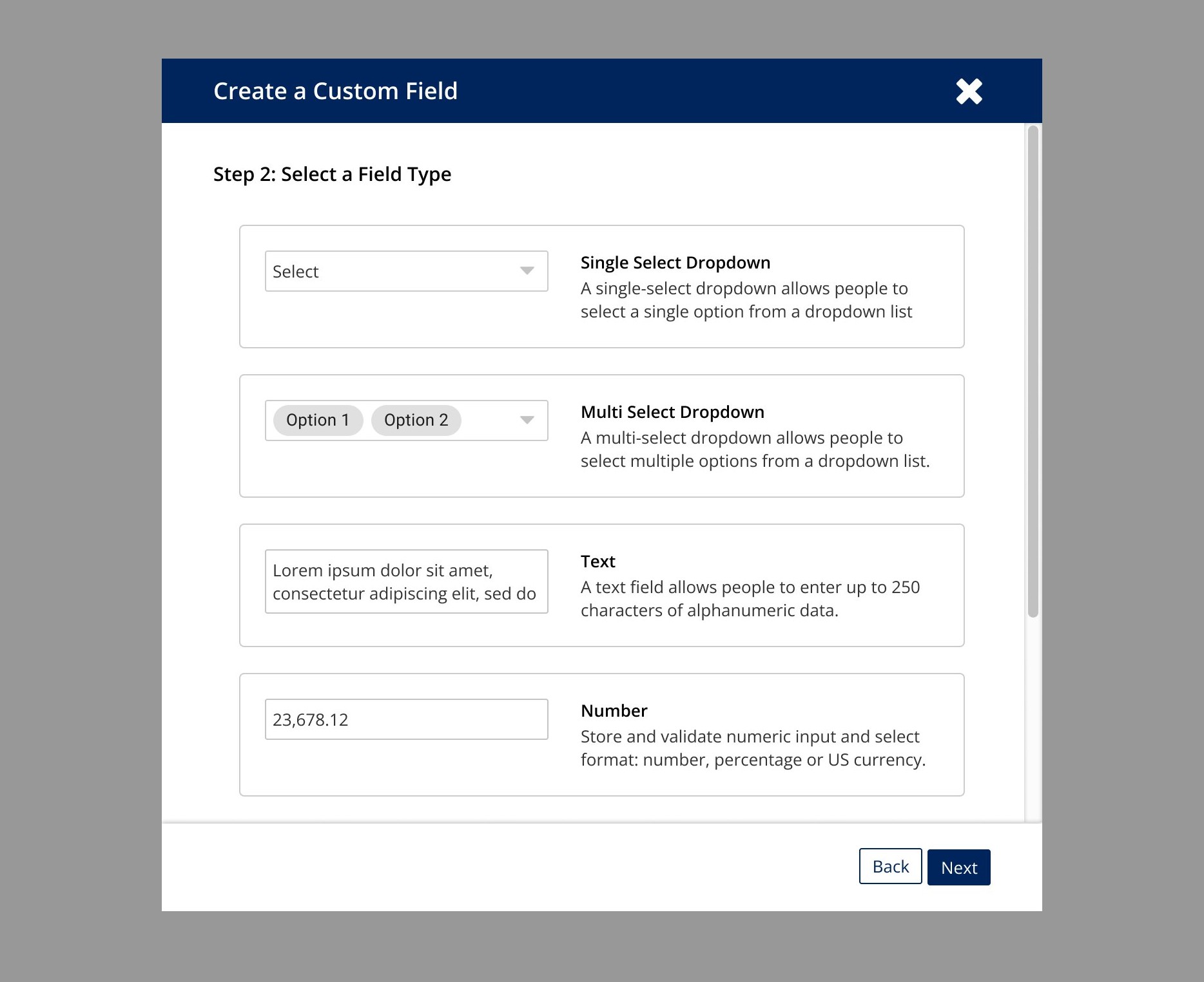 Step 2: selecting a field type