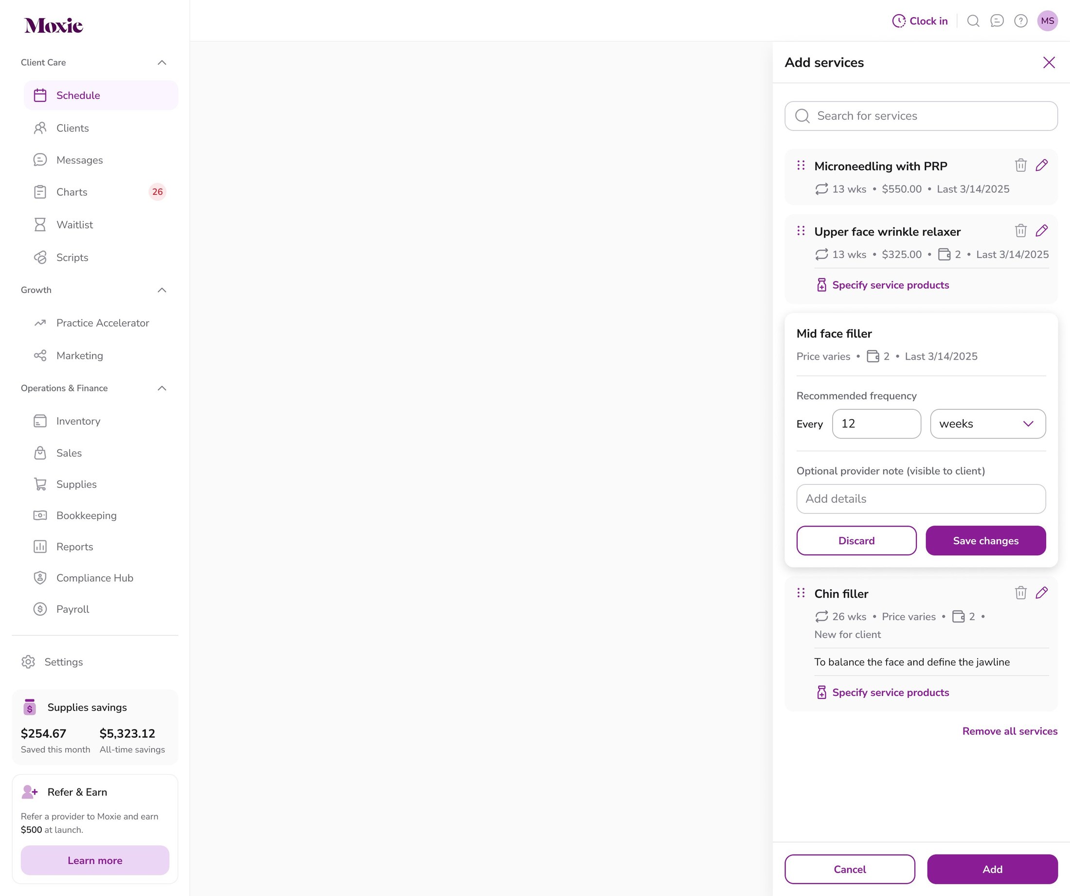 Add services builder with recommended frequency, products, and a provider note